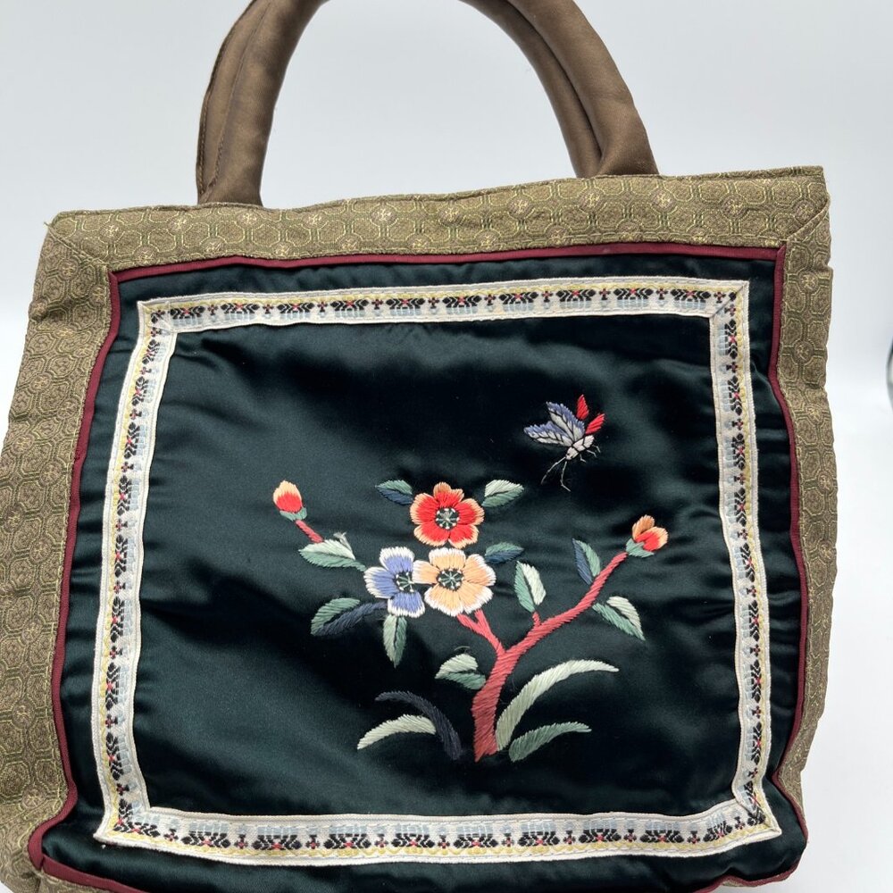 Asian Embroidered Silky Feel Floral Small Tote Handbag with zippers